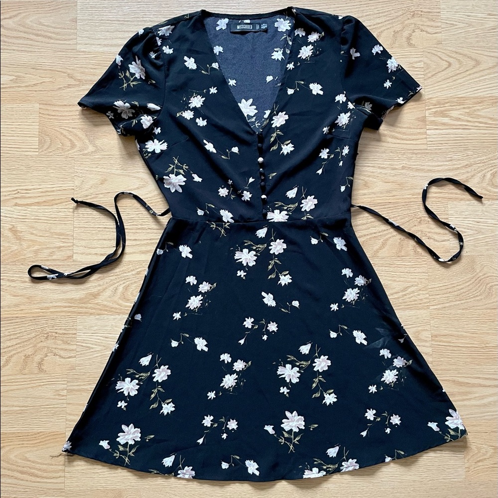 Missguided black floral button front summer dress